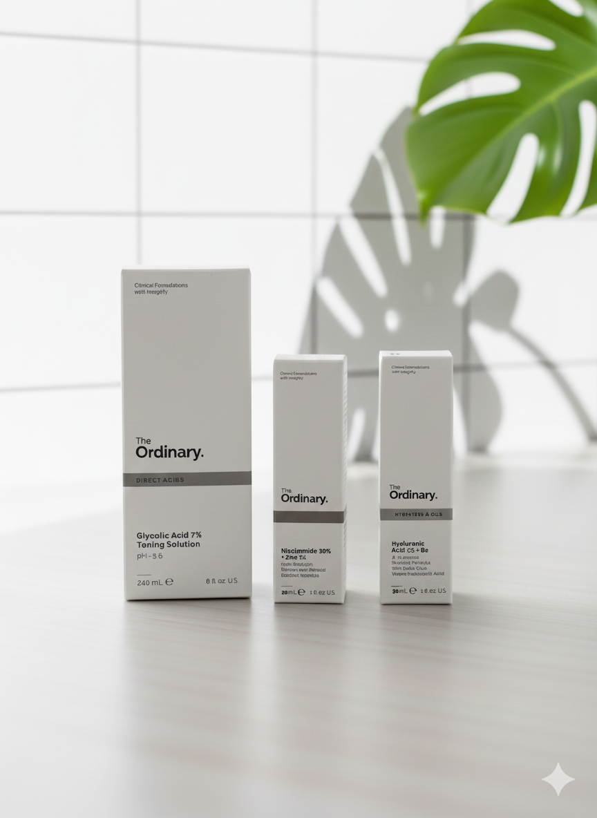 The Ordinary Essentials Collection: Glycolic Acid 7% Toning Solution, Niacinamide 10% + Zinc 1%, and Hyaluronic Acid 2% + B5 Hydration Set