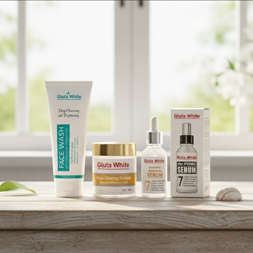 Gluta White Ultimate 3-in-1 Skin Brightening &amp; Anti-Aging Complete Care Set – Face Wash, Intensive Cream, &amp; Dual Serums for Flawless Glow