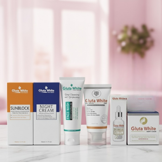 Gluta White 6 In 1 Skin Care Bundle – Complete Whitening And Brightening Set With Face Wash, Serum, Sunblock, Night Cream, And Moisturize